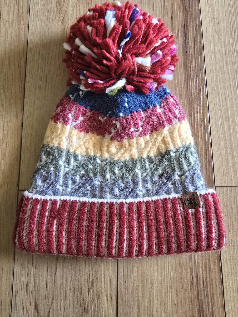 CC Beanie Pom Hat in Red, Pink, Blue & Cream